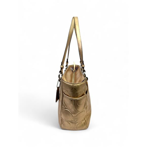 Coach Metallic Gold East West Embossed Signature Leather Tote Bag - Picture 8 of 15